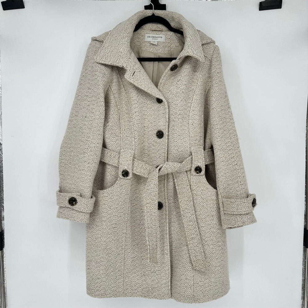 Liz Claiborne Beige Neutral Tweed Wool Blend Belted Hooded A Line Button Coat 1X